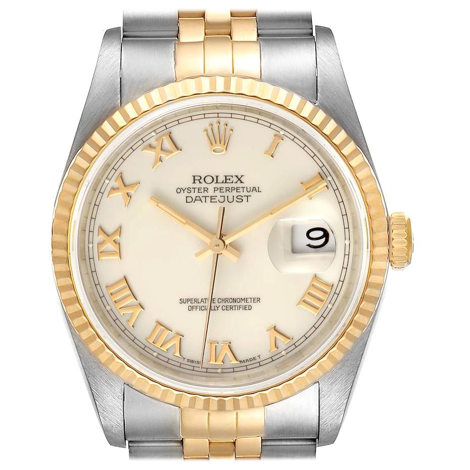Rolex Datejust Steel Yellow Gold Ivory Roman Dial Mens Watch 16233