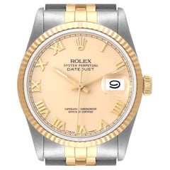 Vintage Rolex Datejust Steel Yellow Gold Ivory Roman Dial Mens Watch 16233