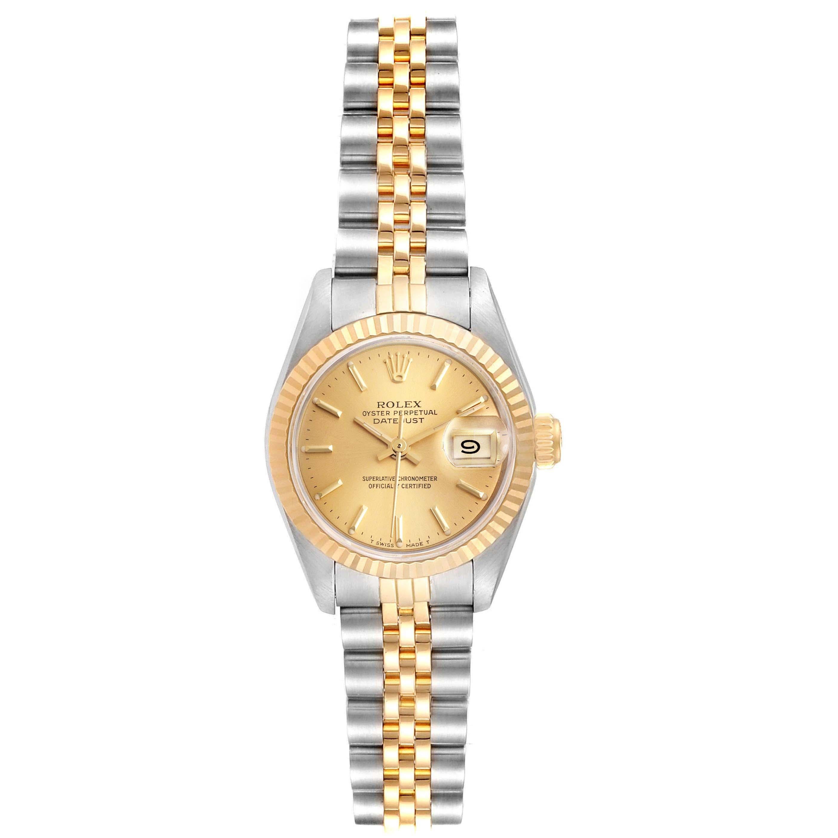 Rolex Datejust Steel Yellow Gold Jubilee Bracelet Ladies Watch 69173. Officially certified chronometer self-winding movement. Stainless steel oyster case 26.0 mm in diameter. Rolex logo on a crown. 18k yellow gold fluted bezel. Scratch resistant