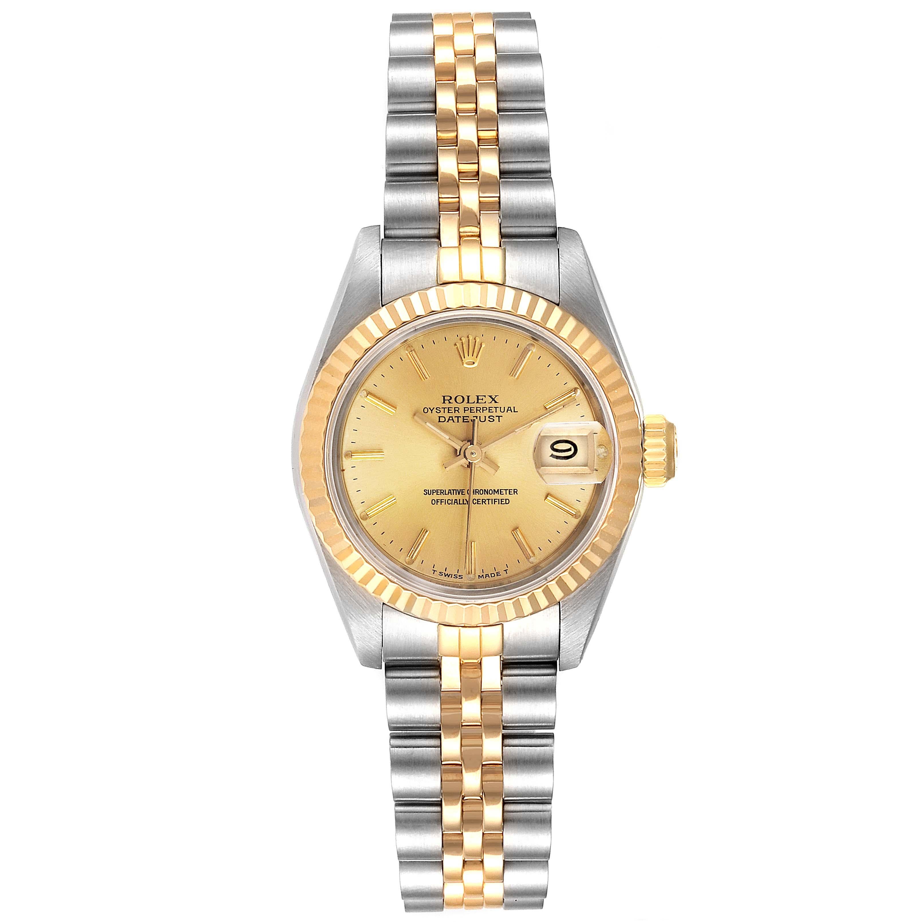 Rolex Datejust Steel Yellow Gold Jubilee Bracelet Ladies Watch 69173. Officially certified chronometer self-winding movement. Stainless steel oyster case 26.0 mm in diameter. Rolex logo on a crown. 18k yellow gold fluted bezel. Scratch resistant
