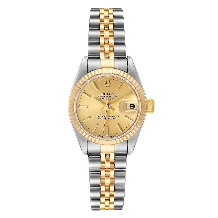 Rolex Datejust Steel Yellow Gold Jubilee Bracelet Ladies Watch 79173. Officially certified chronometer self-winding movement. Stainless steel oyster case 26 mm in diameter. Rolex logo on a 18K yellow gold crown. 18k yellow gold fluted bezel. Scratch