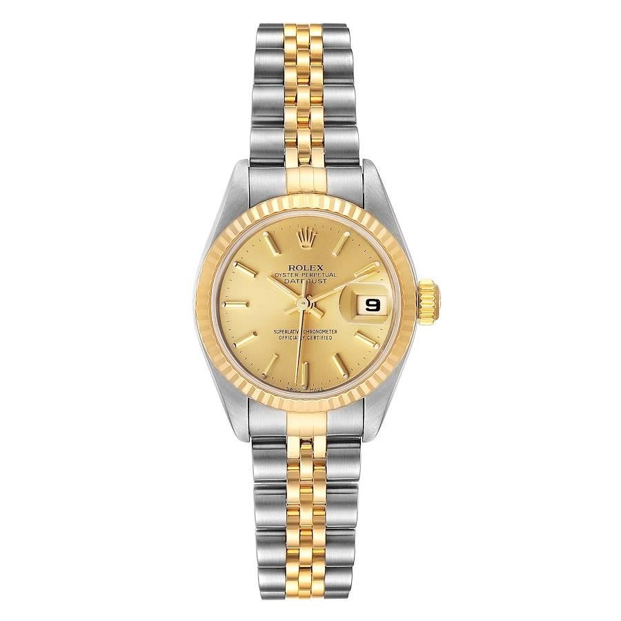 Rolex Datejust Steel Yellow Gold Jubilee Bracelet Ladies Watch 79173. Officially certified chronometer self-winding movement. Stainless steel oyster case 26 mm in diameter. Rolex logo on a 18K yellow gold crown. 18k yellow gold fluted bezel. Scratch