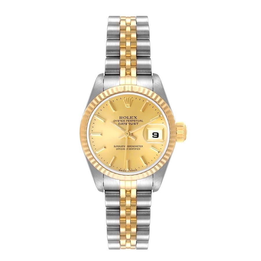 Rolex Datejust Steel Yellow Gold Jubilee Bracelet Ladies Watch 79173. Officially certified chronometer self-winding movement. Stainless steel oyster case 26 mm in diameter. Rolex logo on a 18K yellow gold crown. 18k yellow gold fluted bezel. Scratch