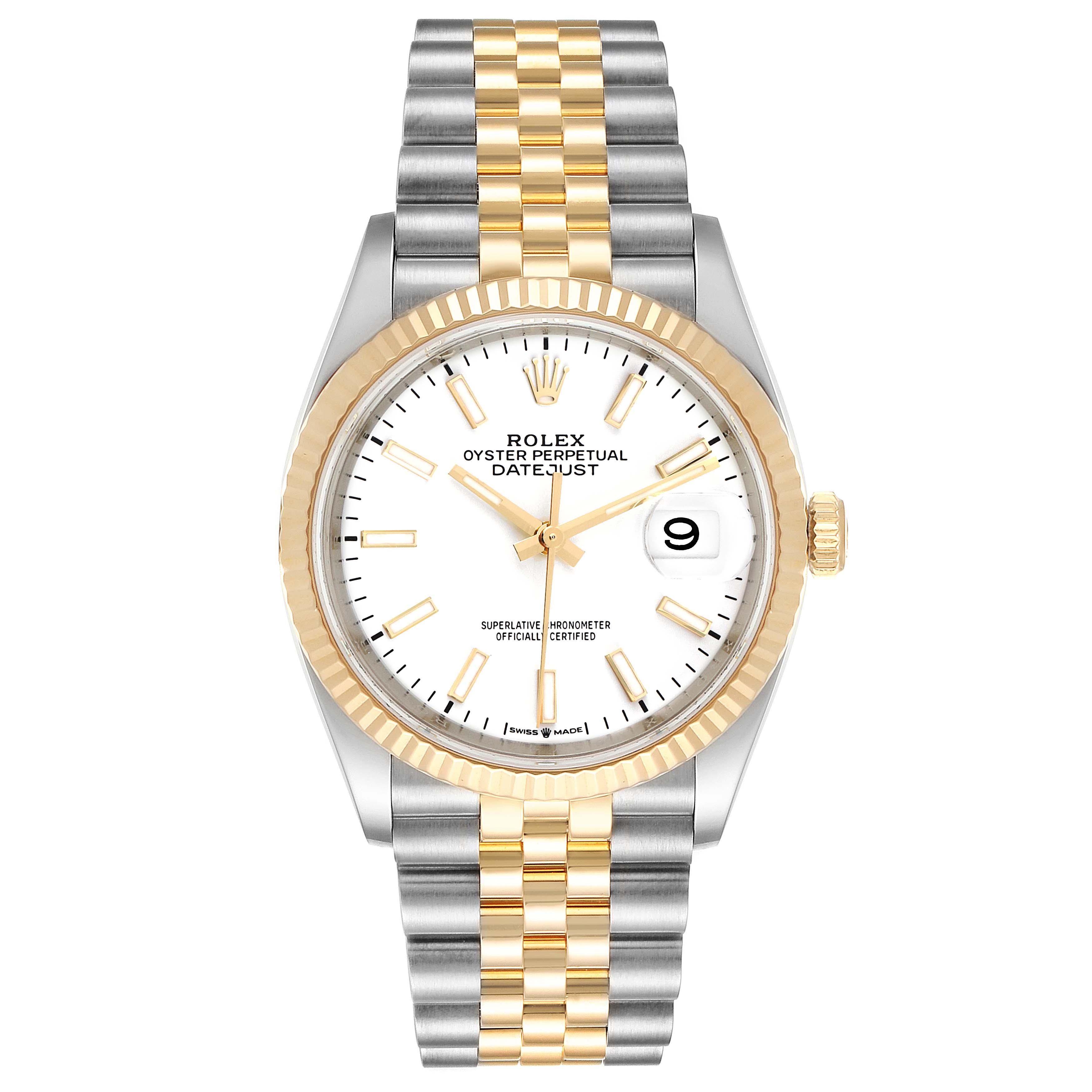Rolex Datejust Steel Yellow Gold Jubilee Bracelet Men's Watch 126233. Officially certified chronometer self-winding movement. Stainless steel and 18K yellow gold case 36.0 mm in diameter. Rolex logo on a crown. 18K yellow gold fluted bezel. Scratch
