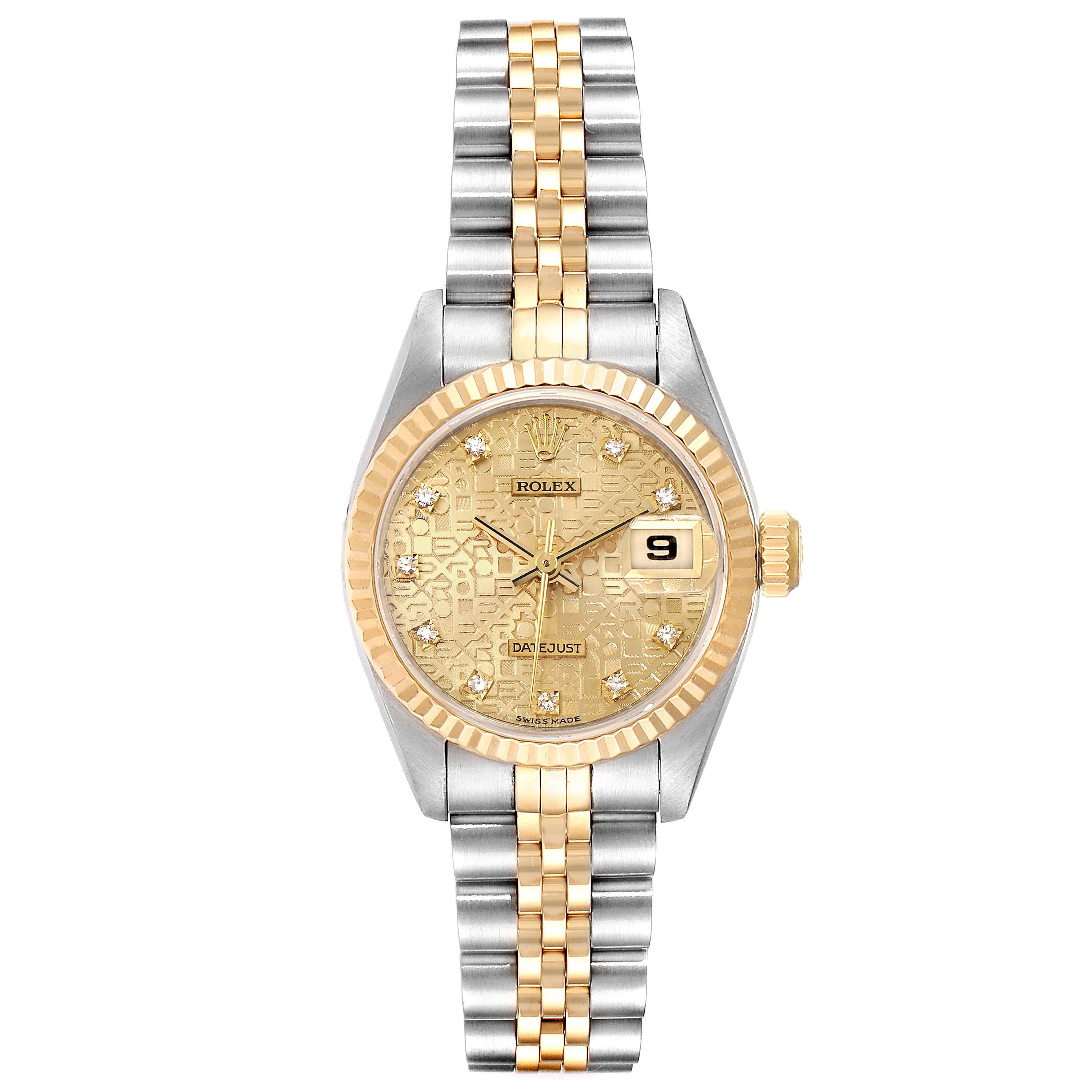 Rolex Datejust Steel Yellow Gold Jubilee Diamond Dial Ladies Watch 79173. Officially certified chronometer self-winding movement. Stainless steel oyster case 26.0 mm in diameter. Rolex logo on a 18K yellow gold crown. 18k yellow gold fluted bezel.