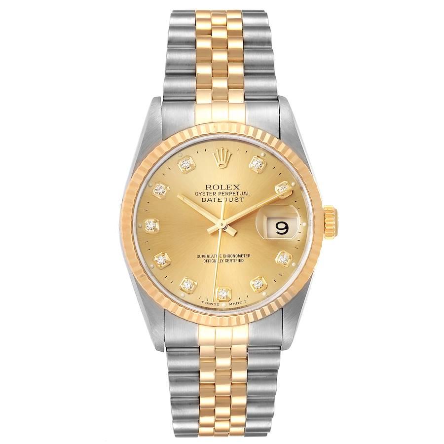 Rolex Datejust Steel Yellow Gold Jubilee Diamond Dial Mens Watch 16233. Officially certified chronometer self-winding movement. Stainless steel case 36 mm in diameter. Rolex logo on a 18K yellow gold crown. 18k yellow gold fluted bezel. Scratch