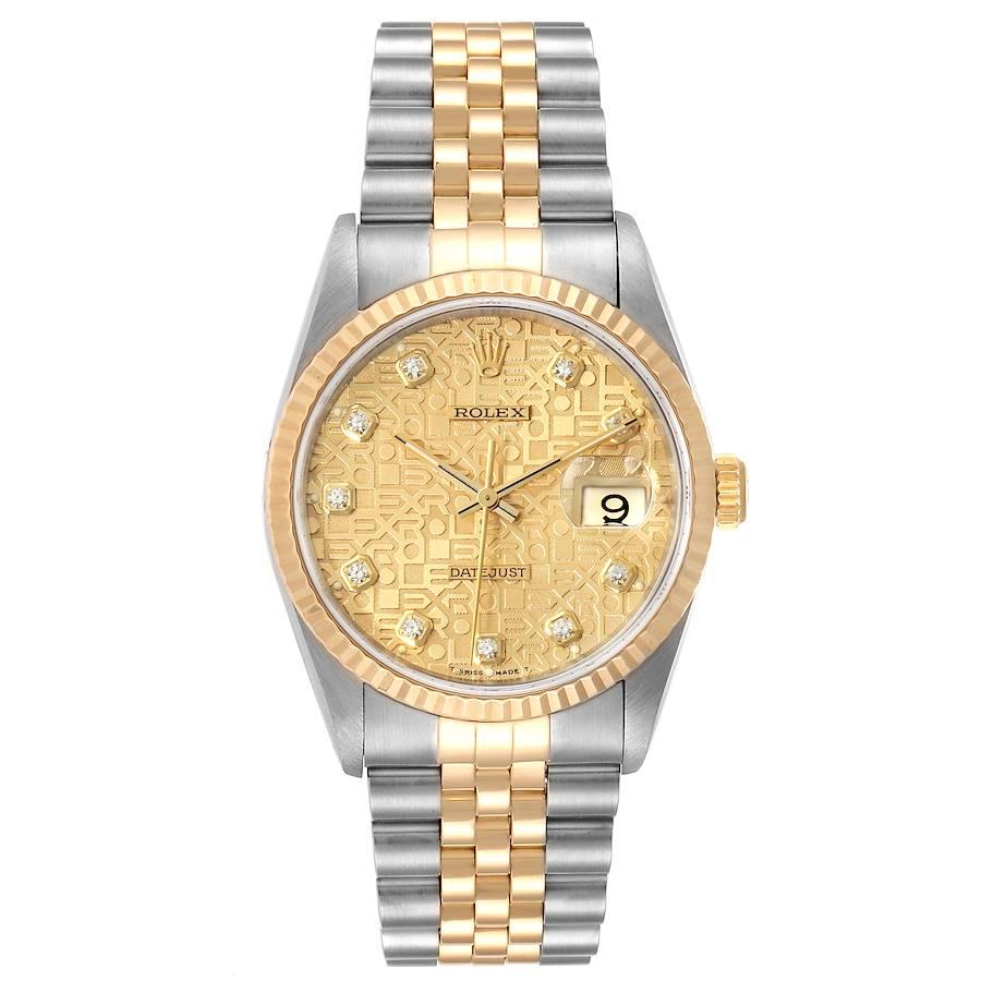 Rolex Datejust Steel Yellow Gold Jubilee Diamond Dial Mens Watch 16233. Officially certified chronometer self-winding movement. Stainless steel case 36 mm in diameter. Rolex logo on a 18K yellow gold crown. 18k yellow gold fluted bezel. Scratch