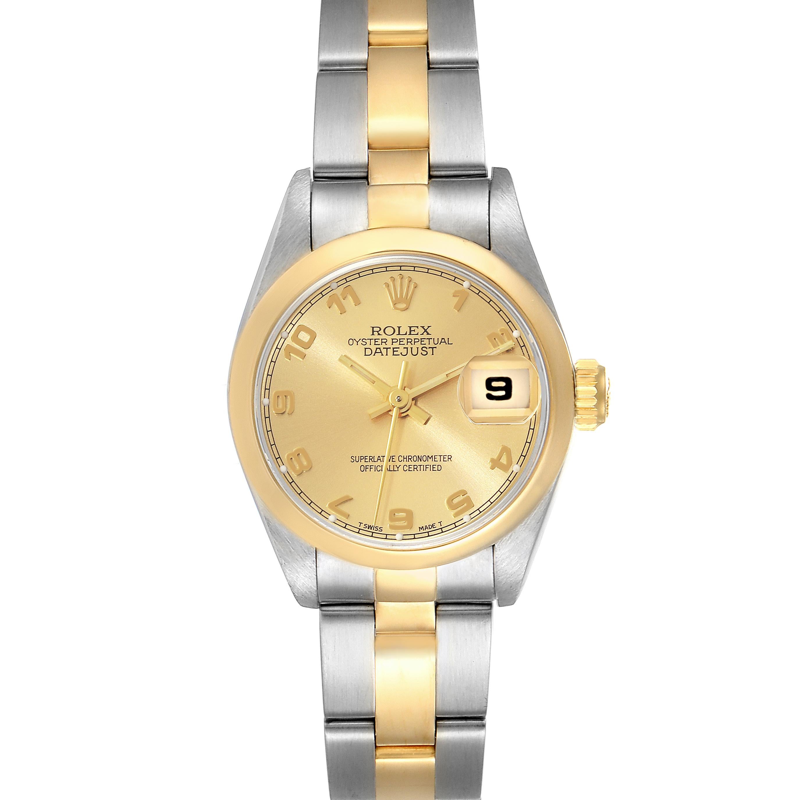 Rolex Datejust Steel Yellow Gold Ladies Watch 69163 Box Papers. Officially certified chronometer self-winding movement. Stainless steel oyster case 26.0 mm in diameter. Rolex logo on a crown. 18k yellow gold smooth bezel. Scratch resistant sapphire