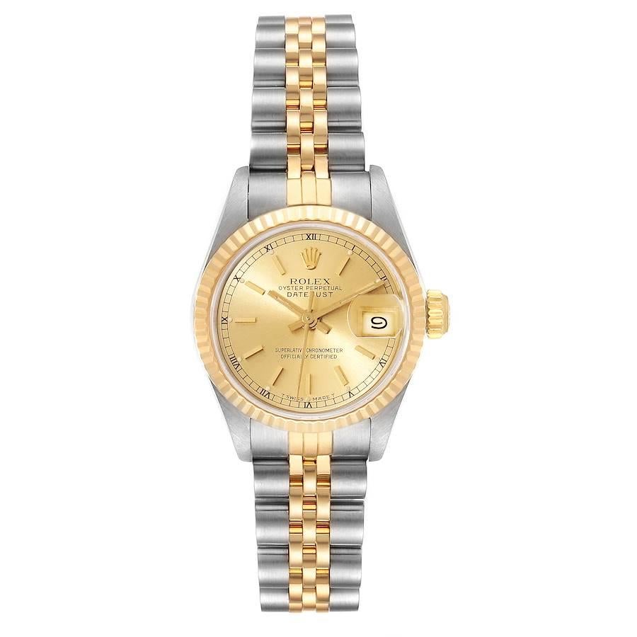 Rolex Datejust Steel Yellow Gold Ladies Watch 69173 Box. Officially certified chronometer self-winding movement. Stainless steel oyster case 26.0 mm in diameter. Rolex logo on a crown. 18k yellow gold fluted bezel. Scratch resistant sapphire crystal