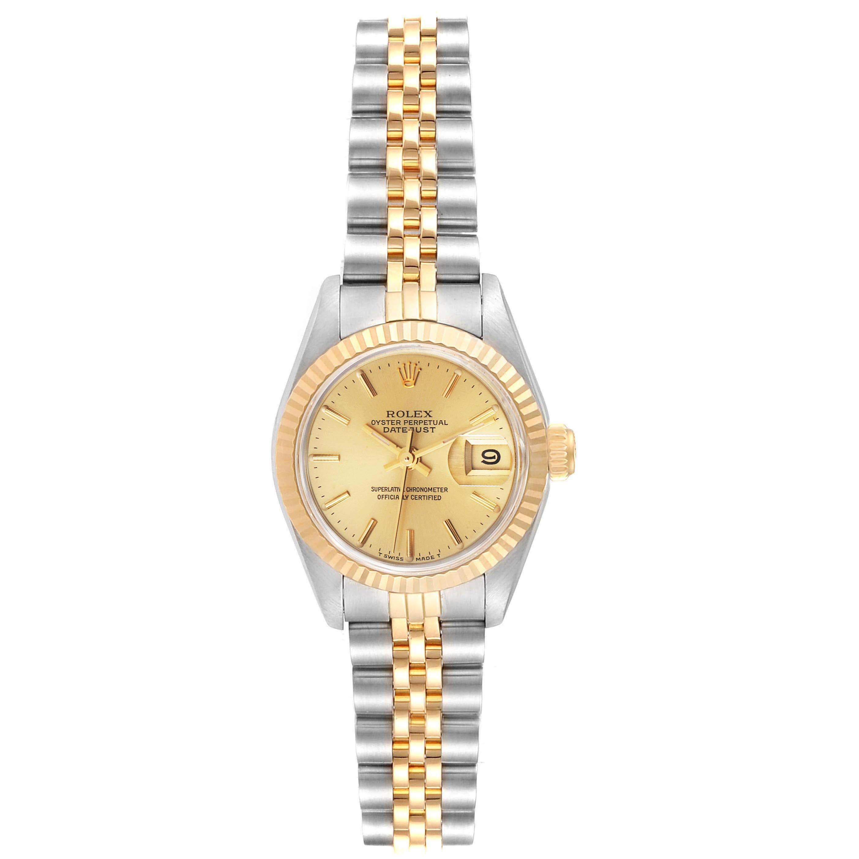 Rolex Datejust Steel Yellow Gold Ladies Watch 69173 Box Papers. Officially certified chronometer self-winding movement. Stainless steel oyster case 26 mm in diameter. Rolex logo on a crown. 18k yellow gold fluted bezel. Scratch resistant sapphire