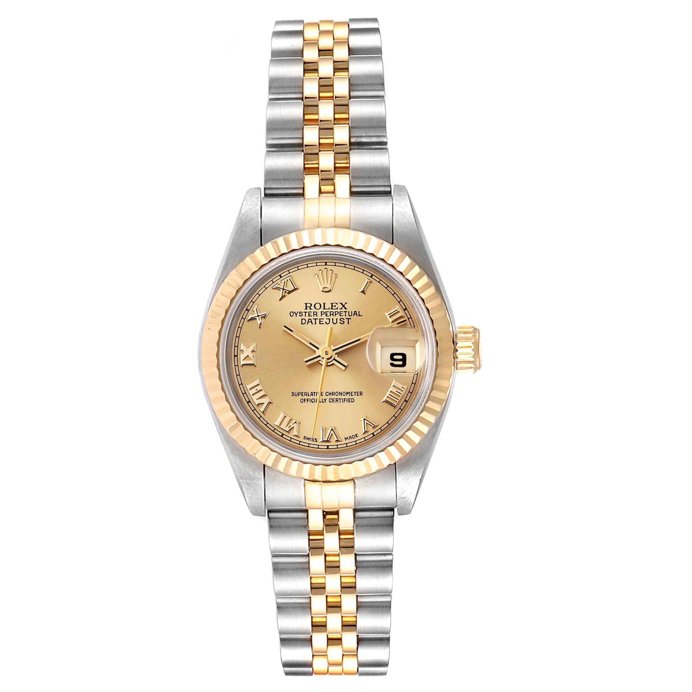 Rolex Datejust Steel Yellow Gold Ladies Watch 69173 Box Papers. Officially certified chronometer self-winding movement. Stainless steel oyster case 26 mm in diameter. Rolex logo on a crown. 18k yellow gold fluted bezel. Scratch resistant sapphire