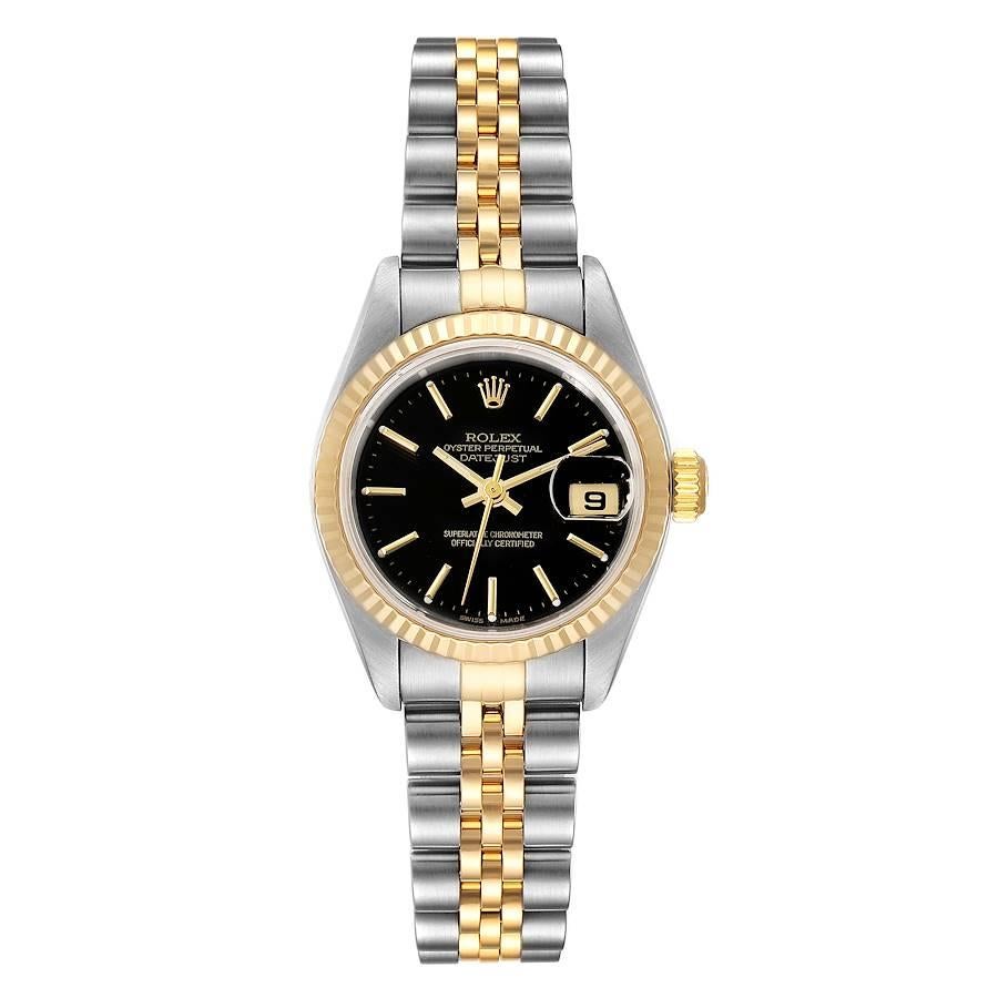 Rolex Datejust Steel Yellow Gold Ladies Watch 79173 Box Papers. Officially certified chronometer self-winding movement. Stainless steel oyster case 26.0 mm in diameter. Rolex logo on a 18K yellow gold crown. 18k yellow gold fluted bezel. Scratch