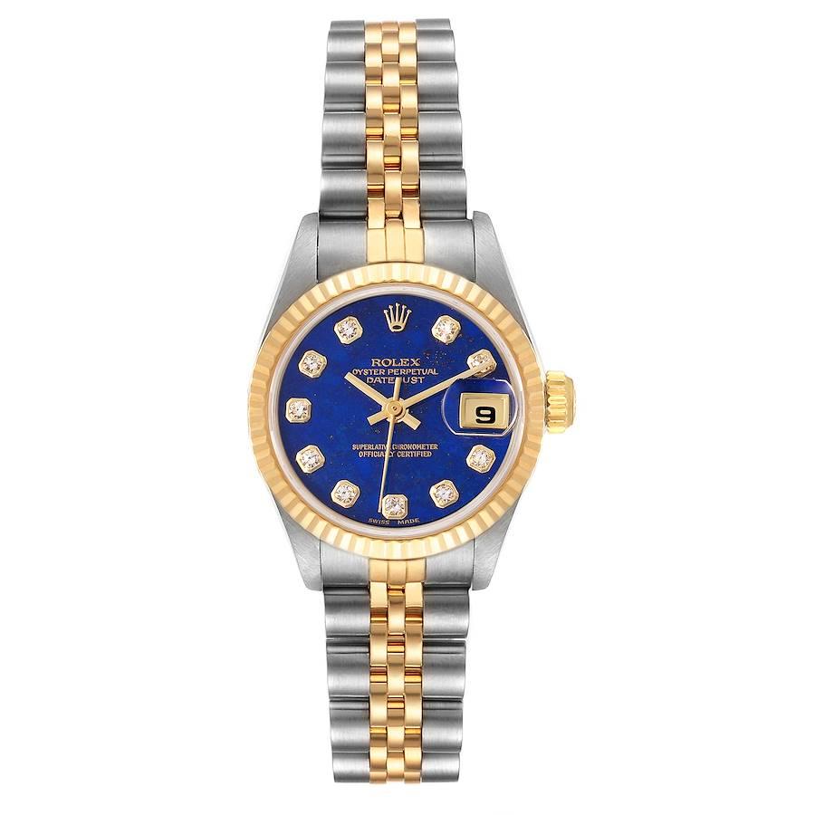 Rolex Datejust Steel Yellow Gold Lapis Diamond Dial Watch 69173 Box Papers. Officially certified chronometer self-winding movement. Stainless steel oyster case 26.0 mm in diameter. Rolex logo on a 18K yellow gold crown. 18k yellow gold fluted bezel.