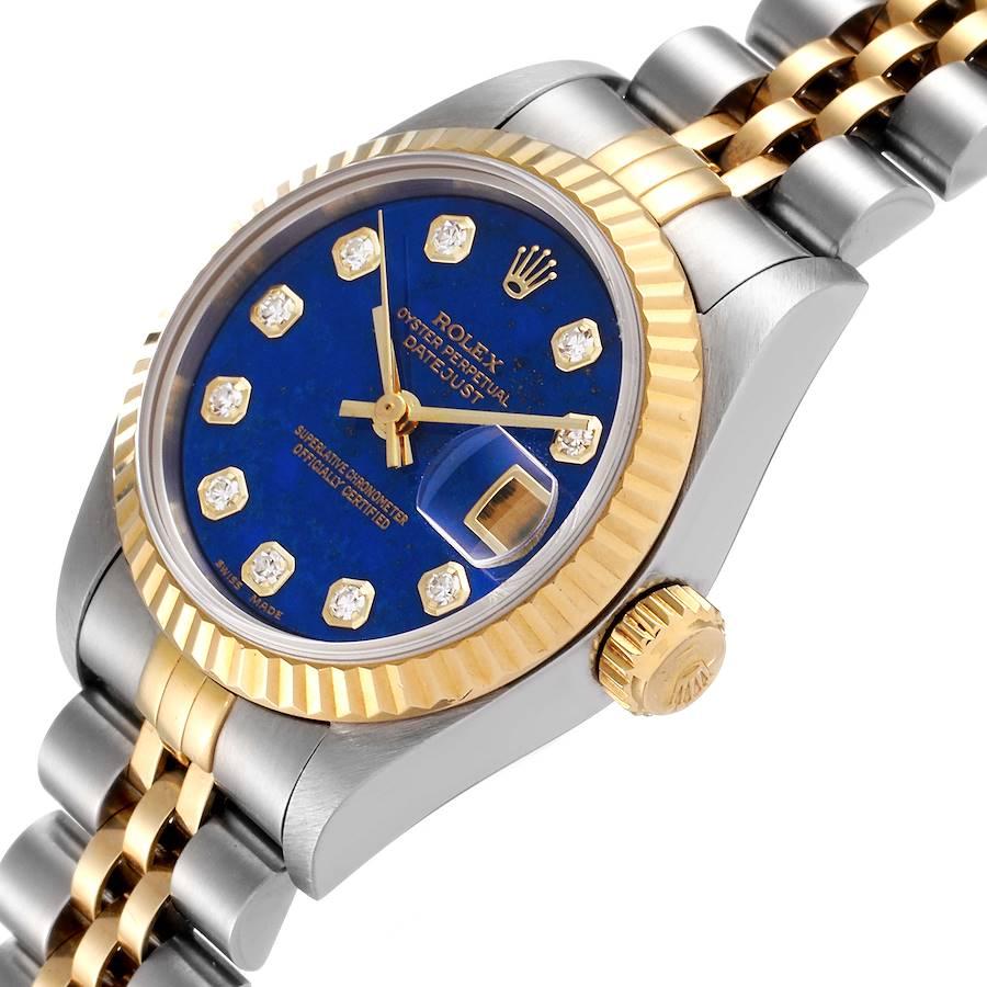 Rolex Datejust Steel Yellow Gold Lapis Diamond Dial Watch 69173 Box Papers In Excellent Condition In Atlanta, GA
