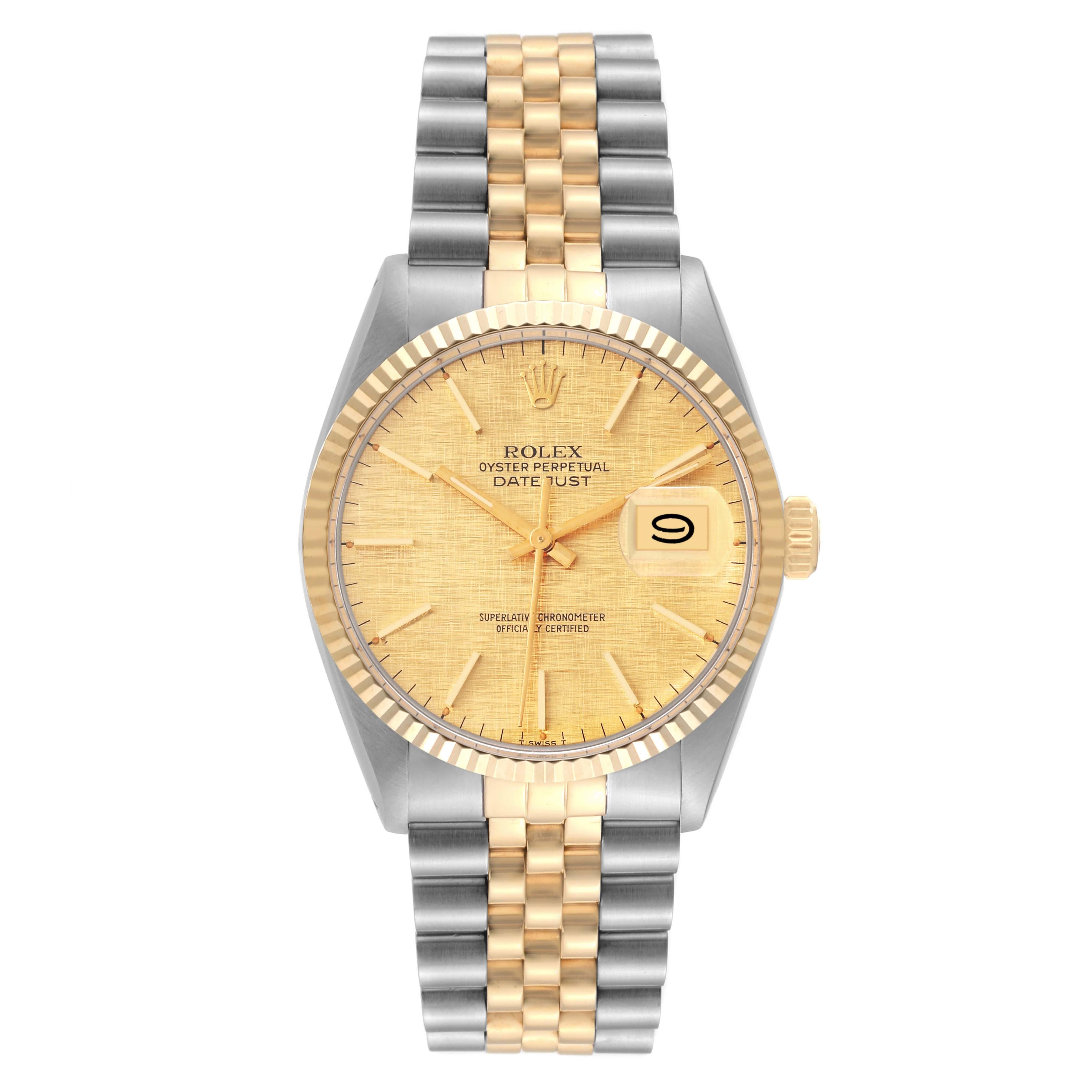 Rolex Datejust Steel Yellow Gold Linen Dial Vintage Mens Watch 16013. Officially certified chronometer automatic self-winding movement. Stainless steel and 18K yellow gold oyster case 36.0 mm in diameter. Rolex logo on an 18k yellow gold crown. 18k