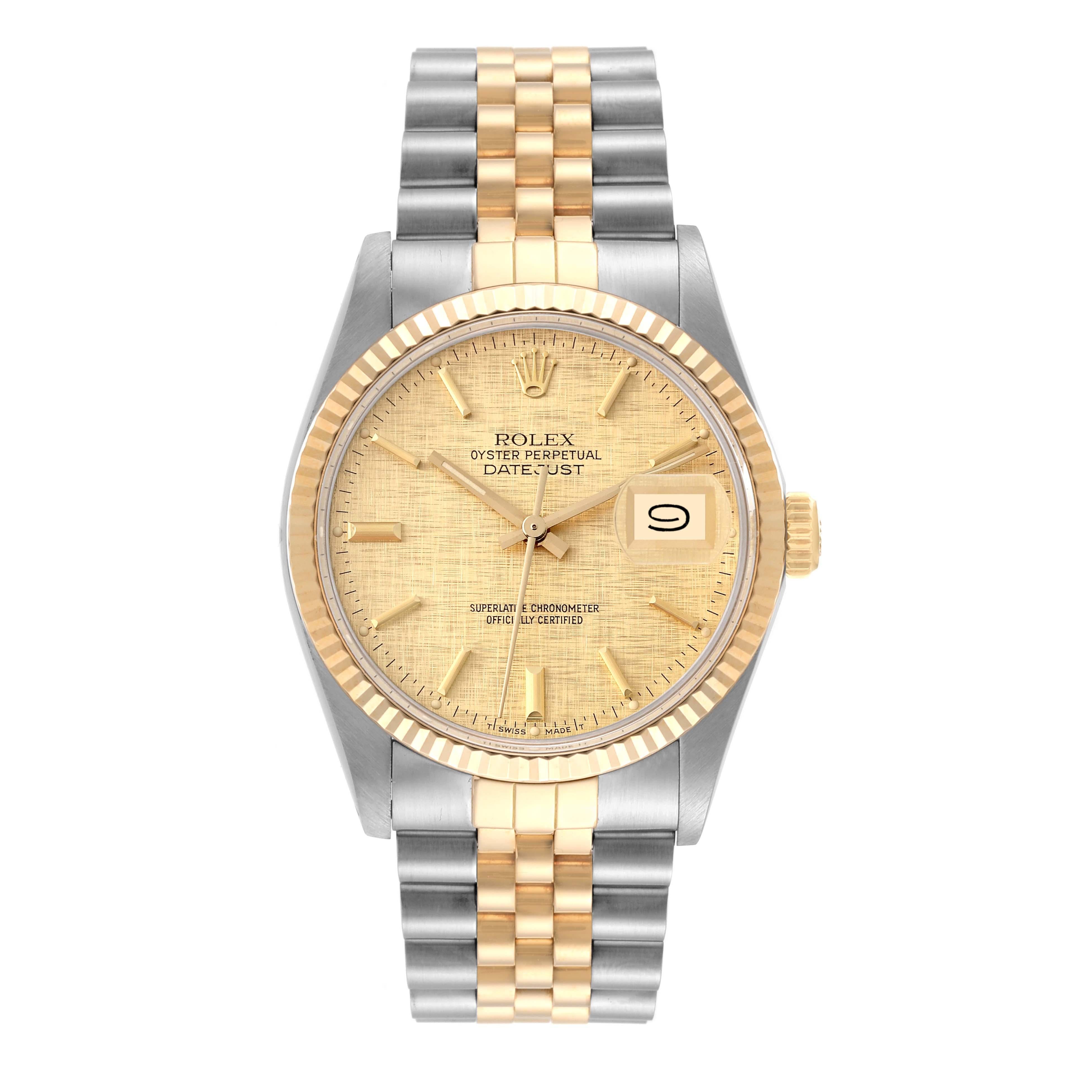 Rolex Datejust Steel Yellow Gold Linen Dial Vintage Mens Watch 16013. Officially certified chronometer automatic self-winding movement. Stainless steel and 18K yellow gold oyster case 36.0 mm in diameter. Rolex logo on an 18k yellow gold crown. 18k