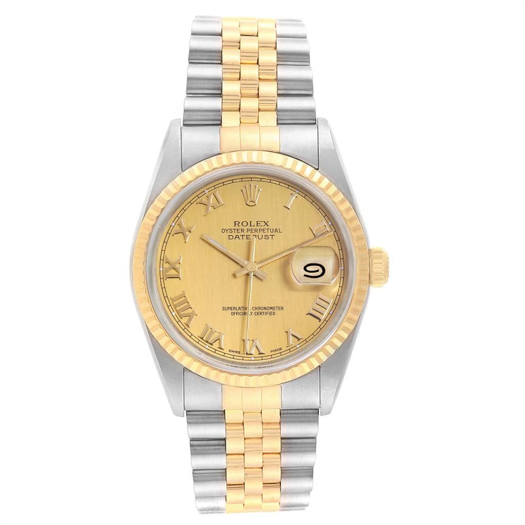 Rolex Datejust Steel Yellow Gold Mens Watch 16233 Box Papers. Officially certified chronometer self-winding movement. Stainless steel case 36 mm in diameter.  Rolex logo on a 18K yellow gold crown. 18k yellow gold fluted bezel. Scratch resistant