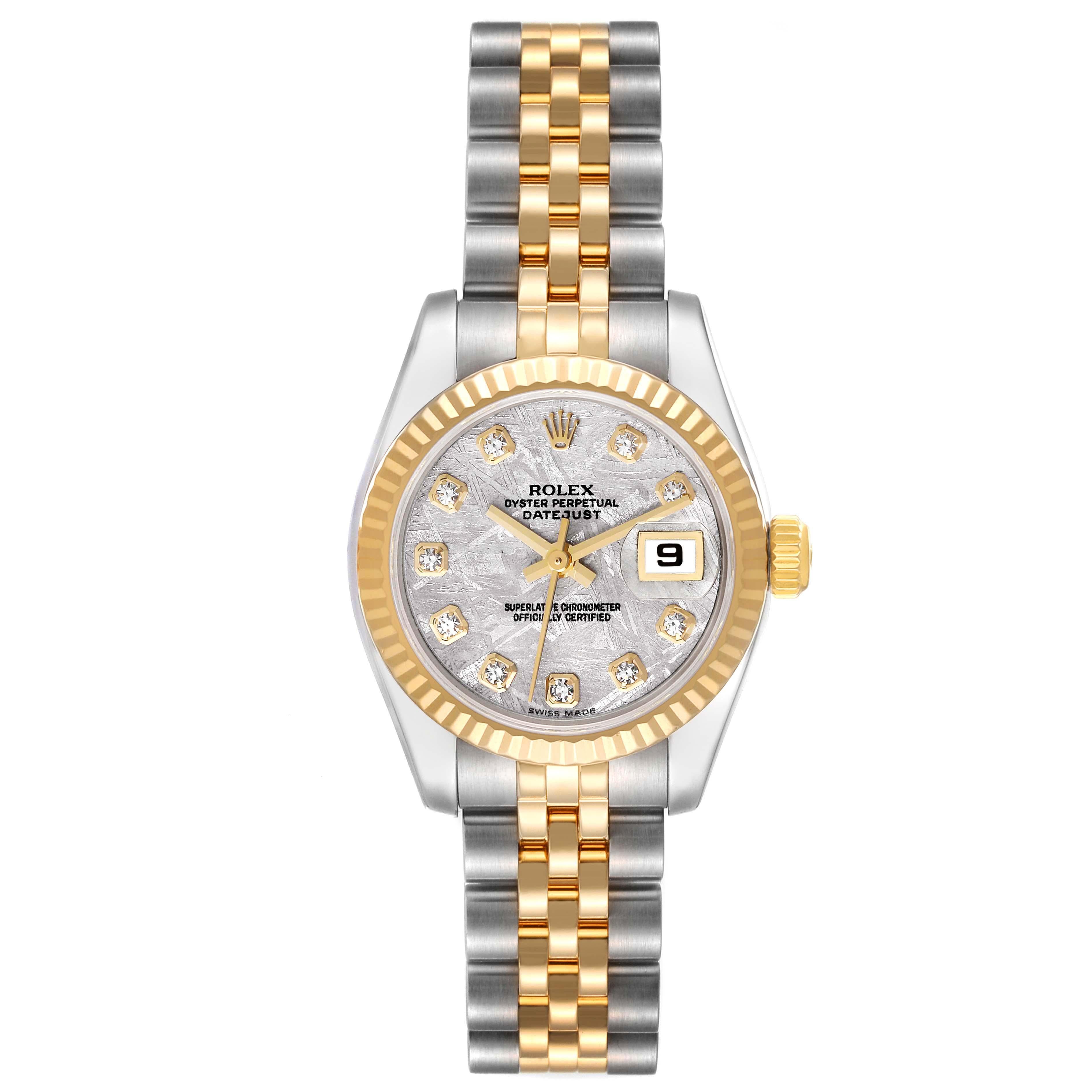 Rolex Datejust Steel Yellow Gold Meteorite Diamond Dial Ladies Watch 179173. Officially certified chronometer automatic self-winding movement. Stainless steel oyster case 26 mm in diameter. Rolex logo on an 18K yellow gold crown. 18k yellow gold