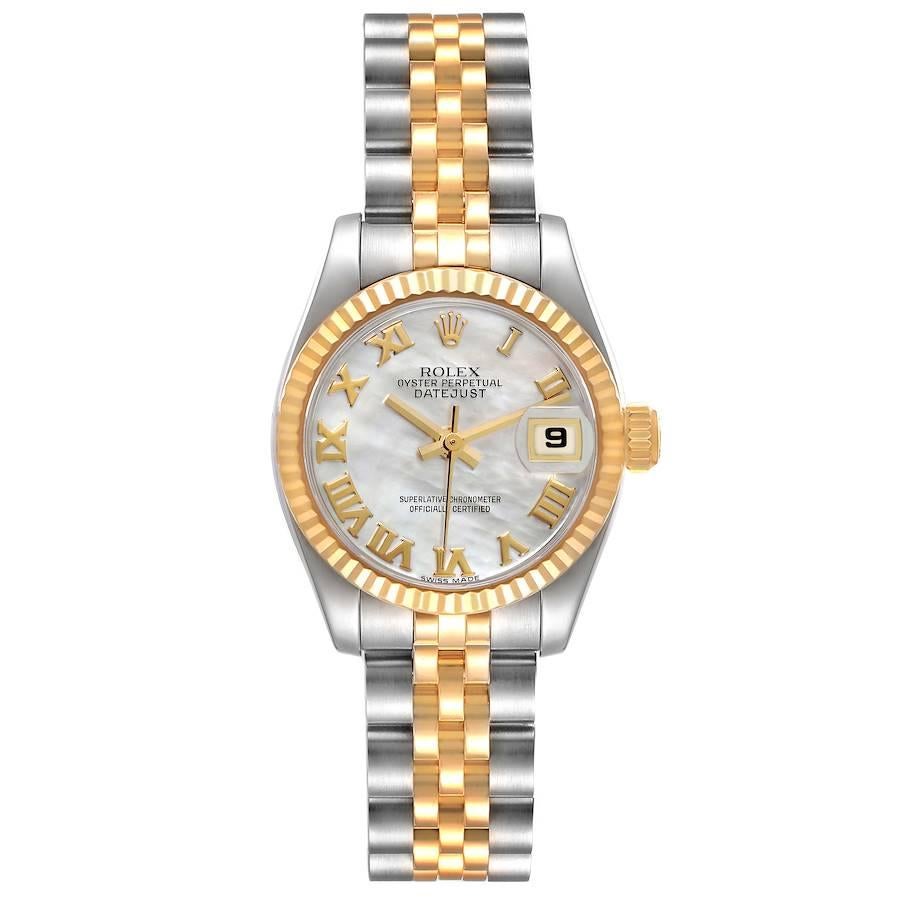 Rolex Datejust Steel Yellow Gold MOP Dial Ladies Watch 179173. Officially certified chronometer automatic self-winding movement. Stainless steel oyster case 26 mm in diameter. Rolex logo on an 18K yellow gold crown. 18k yellow gold fluted bezel.