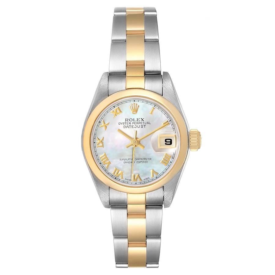 Rolex Datejust Steel Yellow Gold MOP Dial Ladies Watch 79163 Box Papers. Officially certified chronometer self-winding movement. Stainless steel oyster case 26.0 mm in diameter. Rolex logo on a 18k yellow gold crown. 18k yellow gold smooth bezel.