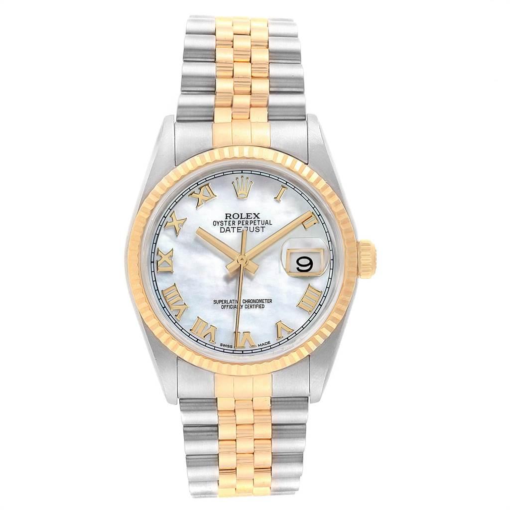 Rolex Datejust Steel Yellow Gold MOP Dial Mens Watch 116233 Box Papers. Officially certified chronometer self-winding movement. Stainless steel case 36 mm in diameter. Rolex logo on a crown. 18k yellow gold fluted bezel. Scratch resistant sapphire