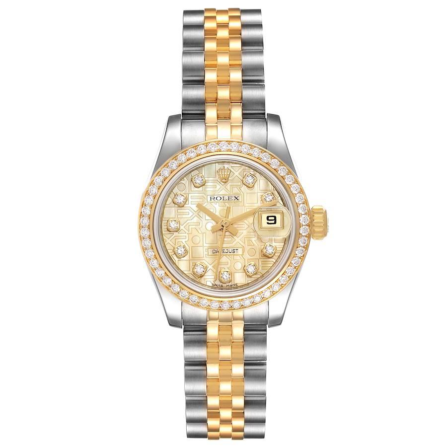 Rolex Datejust Steel Yellow Gold MOP Diamond Bezel Ladies Watch 179383 Box Card. Officially certified chronometer automatic self-winding movement with quickset date function. Stainless steel oyster case 26.0 mm in diameter. Rolex logo on an 18K
