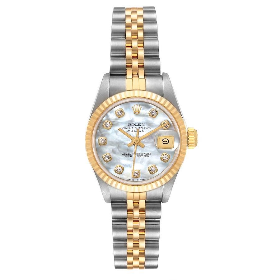 Rolex Datejust Steel Yellow Gold MOP Diamond Dial Ladies Watch 69173. Officially certified chronometer self-winding movement. Stainless steel oyster case 26 mm in diameter. Rolex logo on a crown. 18k yellow gold fluted bezel. Scratch resistant
