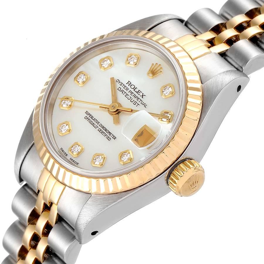 Rolex Datejust Steel Yellow Gold MOP Diamond Dial Ladies Watch 69173 In Excellent Condition For Sale In Atlanta, GA
