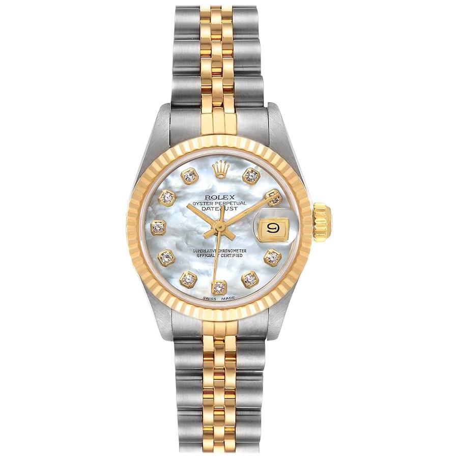 Rolex Datejust Steel Yellow Gold MOP Diamond Dial Ladies Watch 69173 For Sale