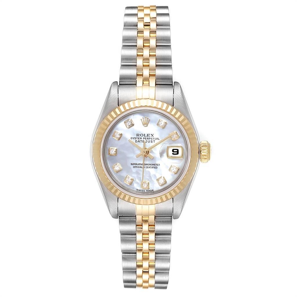 Rolex Datejust Steel Yellow Gold MOP Diamond Dial Ladies Watch 79173. Officially certified chronometer self-winding movement. Stainless steel oyster case 26.0 mm in diameter. Rolex logo on a crown. 18k yellow gold fluted bezel. Scratch resistant