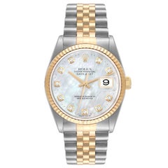 Rolex Datejust Steel Yellow Gold MOP Diamond Dial Mens Watch 16233 Box Papers