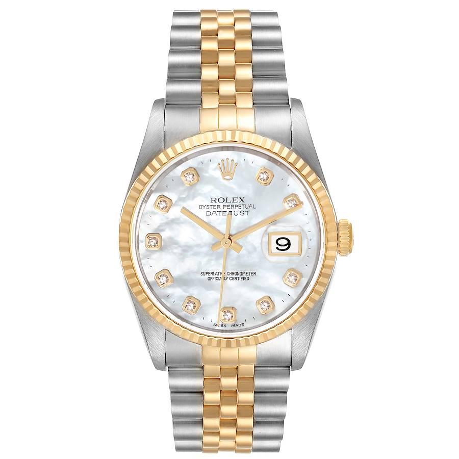 Rolex Datejust Steel Yellow Gold MOP Diamond Dial Mens Watch 16233. Officially certified chronometer automatic self-winding movement. Stainless steel case 36.0 mm in diameter. Rolex logo on crown. 18k yellow gold fluted bezel. Scratch resistant