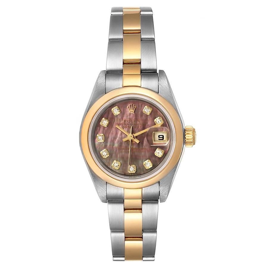 Rolex Datejust Steel Yellow Gold MOP Diamond Ladies Watch 79163 Box Papers. Officially certified chronometer self-winding movement. Stainless steel oyster case 26.0 mm in diameter. Rolex logo on a 18k yellow gold crown. 18k yellow gold smooth bezel.