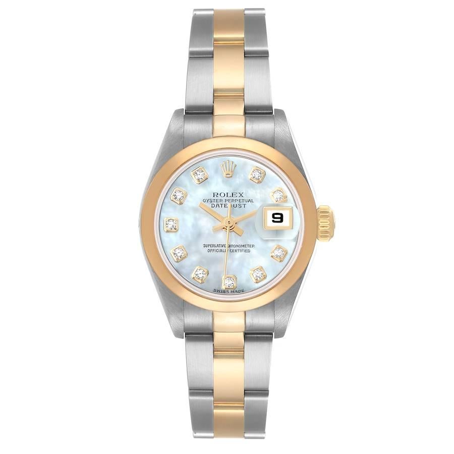 Rolex Datejust Steel Yellow Gold MOP Diamond Ladies Watch 79163. Officially certified chronometer self-winding movement. Stainless steel oyster case 26 mm in diameter. Rolex logo on a 18k yellow gold crown. 18k yellow gold smooth domed bezel.