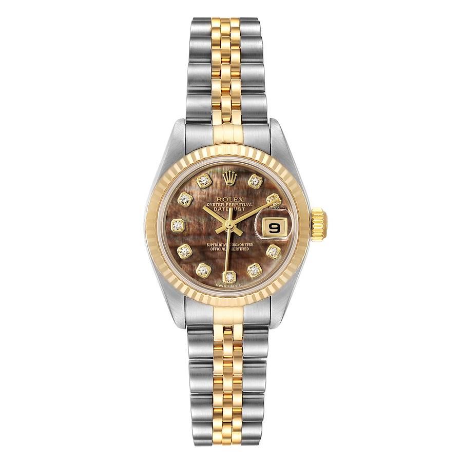 Rolex Datejust Steel Yellow Gold MOP Diamond Ladies Watch 79173. Officially certified chronometer self-winding movement with quickset date function. Stainless steel oyster case 26 mm in diameter. Rolex logo on a 18K yellow gold crown. 18k yellow