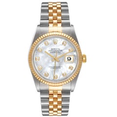 Rolex Datejust Steel Yellow Gold MOP Diamond Mens Watch 16233 Box Papers