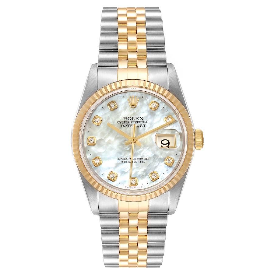 Rolex Datejust Steel Yellow Gold MOP Diamond Mens Watch 16233. Officially certified chronometer automatic self-winding movement. Stainless steel case 36.0 mm in diameter. Rolex logo on a crown. 18k yellow gold fluted bezel. Scratch resistant