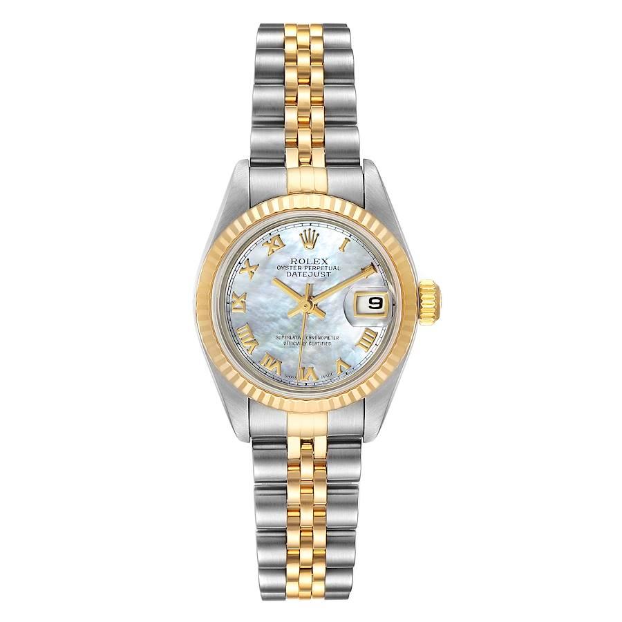 Rolex Datejust Steel Yellow Gold MOP Roman Dial Ladies Watch 79173. Officially certified chronometer self-winding movement with quickset date function. Stainless steel oyster case 26 mm in diameter. Rolex logo on a 18K yellow gold crown. 18k yellow