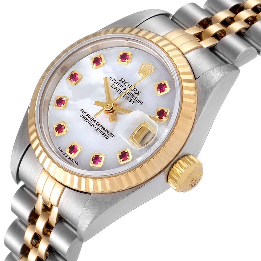 Rolex Datejust Steel Yellow Gold MOP Ruby Dial Ladies Watch 79173 In Excellent Condition In Atlanta, GA