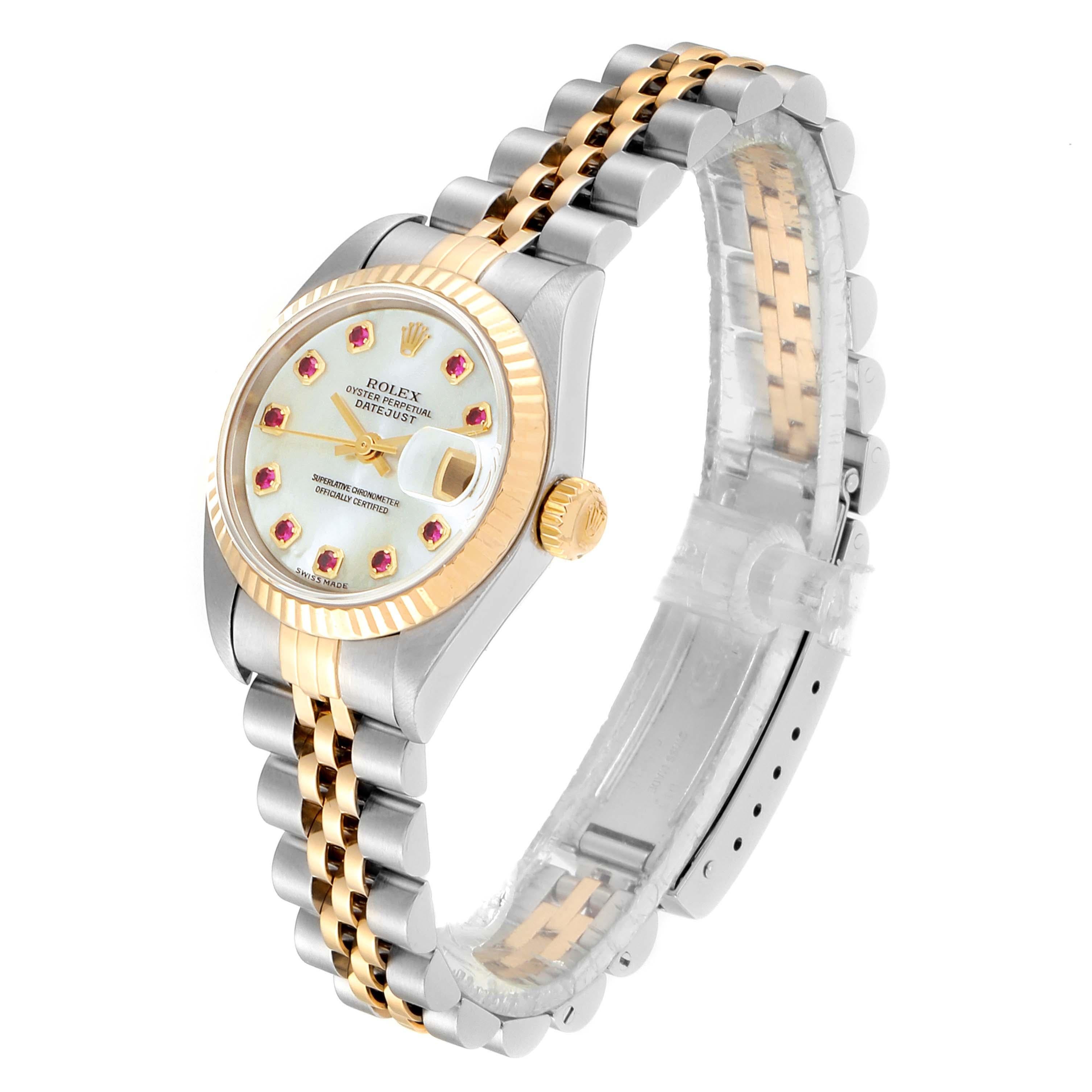 Rolex Datejust Steel Yellow Gold MOP Ruby Ladies Watch 79173 Box Papers In Good Condition For Sale In Atlanta, GA