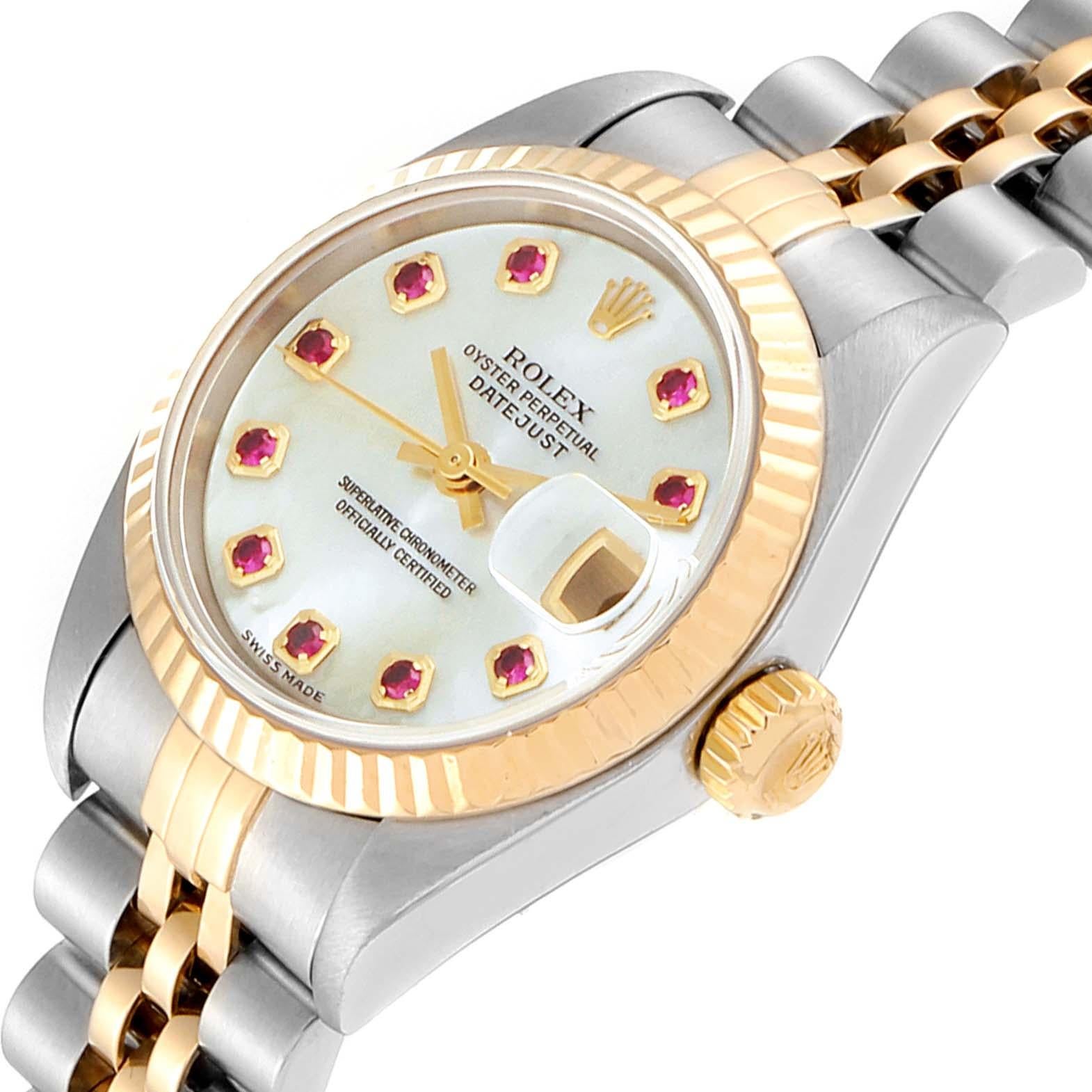 Women's Rolex Datejust Steel Yellow Gold MOP Ruby Ladies Watch 79173 Box Papers For Sale