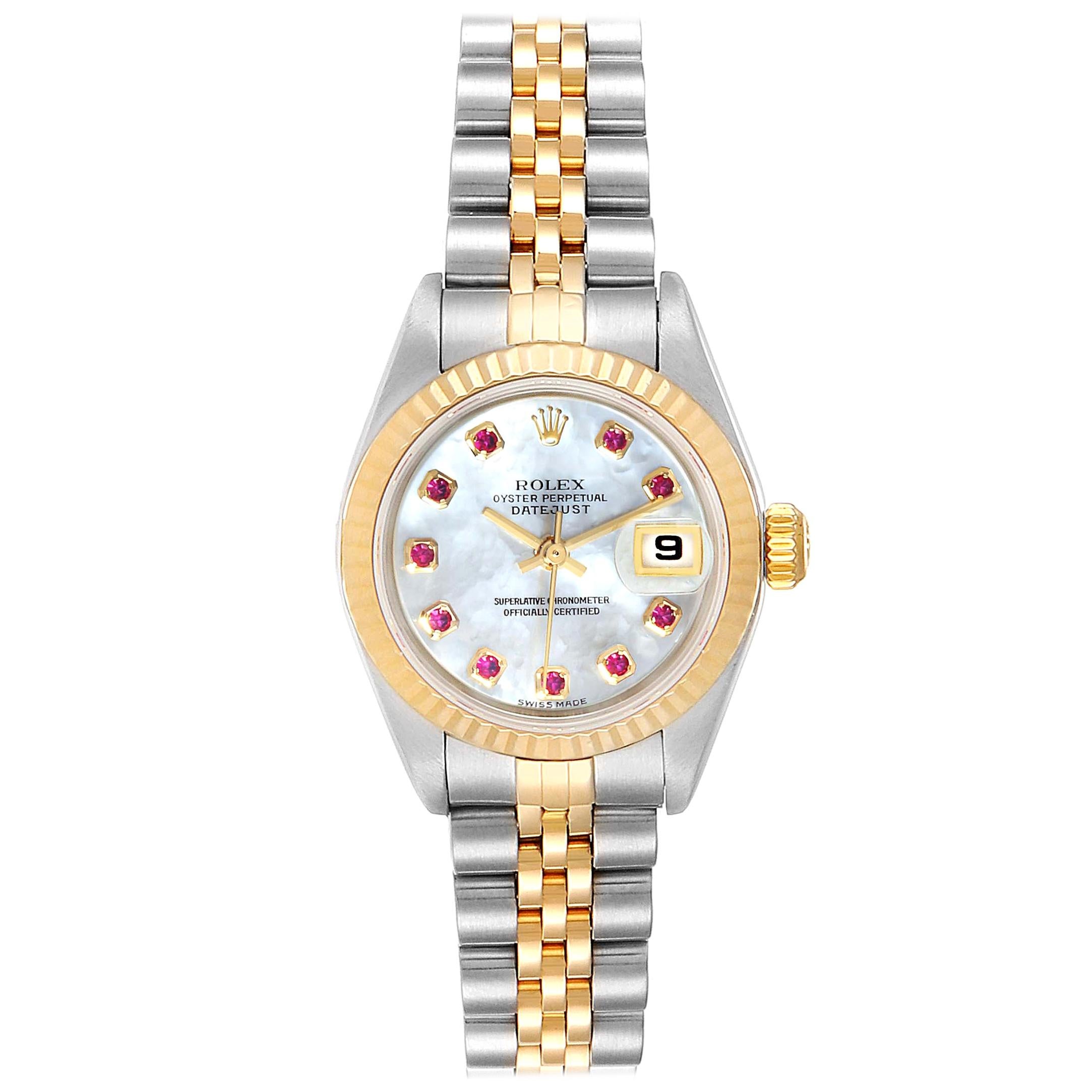 Rolex Datejust Steel Yellow Gold MOP Ruby Ladies Watch 79173 Box Papers For Sale