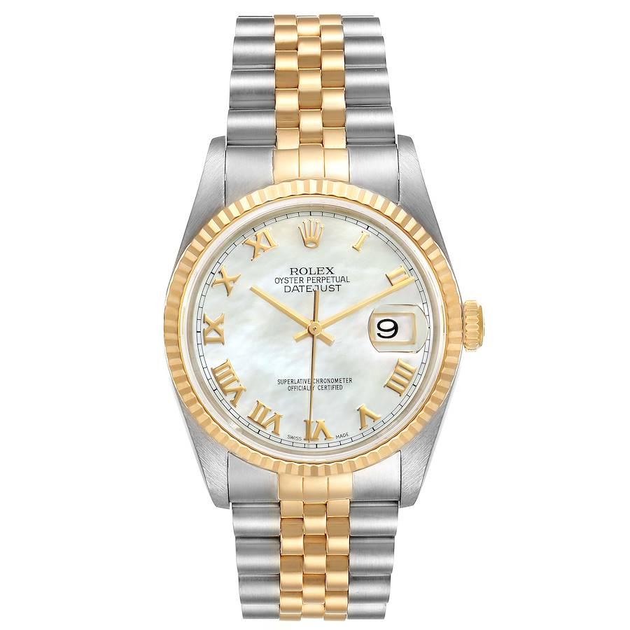 Rolex Datejust Steel Yellow Gold Mother of Pearl Dial Mens Watch 16233. Officially certified chronometer self-winding movement. Stainless steel case 36 mm in diameter.  Rolex logo on a 18K yellow gold crown. 18k yellow gold fluted bezel. Scratch