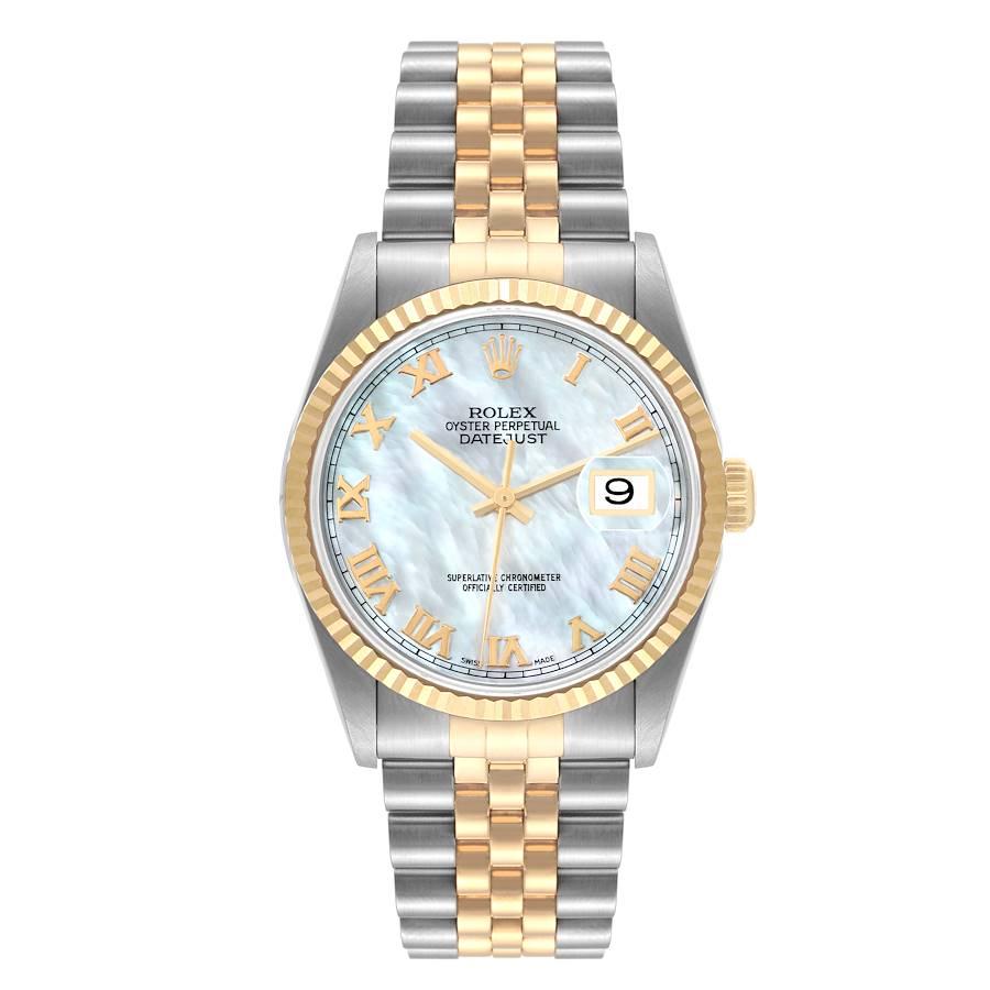 Rolex Datejust Steel Yellow Gold Mother of Pearl Dial Mens Watch 16233. Officially certified chronometer automatic self-winding movement. Stainless steel case 36.0 mm in diameter. Rolex logo on the crown. 18k yellow gold fluted bezel. Scratch