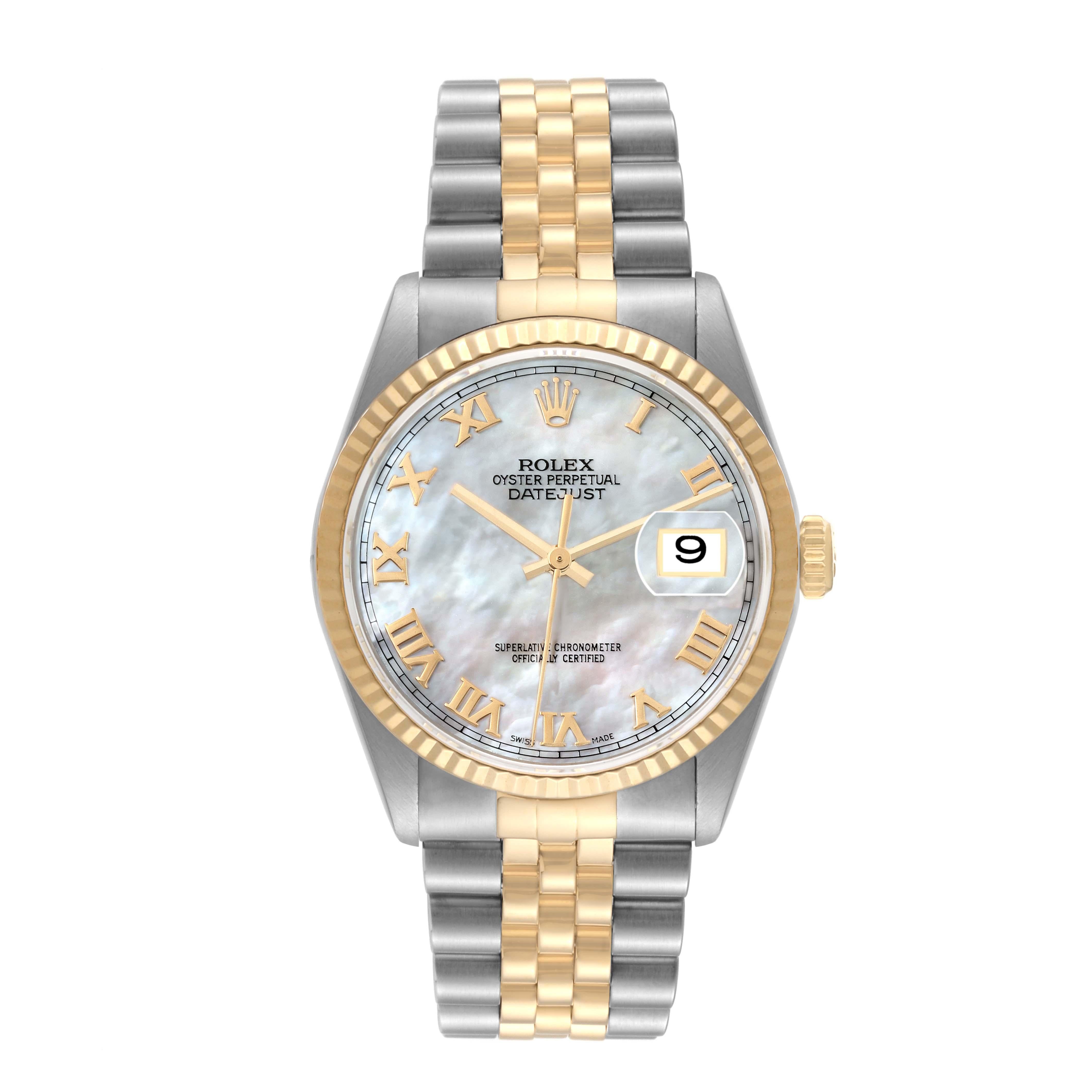 Rolex Datejust Steel Yellow Gold Mother of Pearl Dial Mens Watch 16233. Officially certified chronometer automatic self-winding movement. Stainless steel case 36 mm in diameter.  Rolex logo on an 18K yellow gold crown. 18k yellow gold fluted bezel.