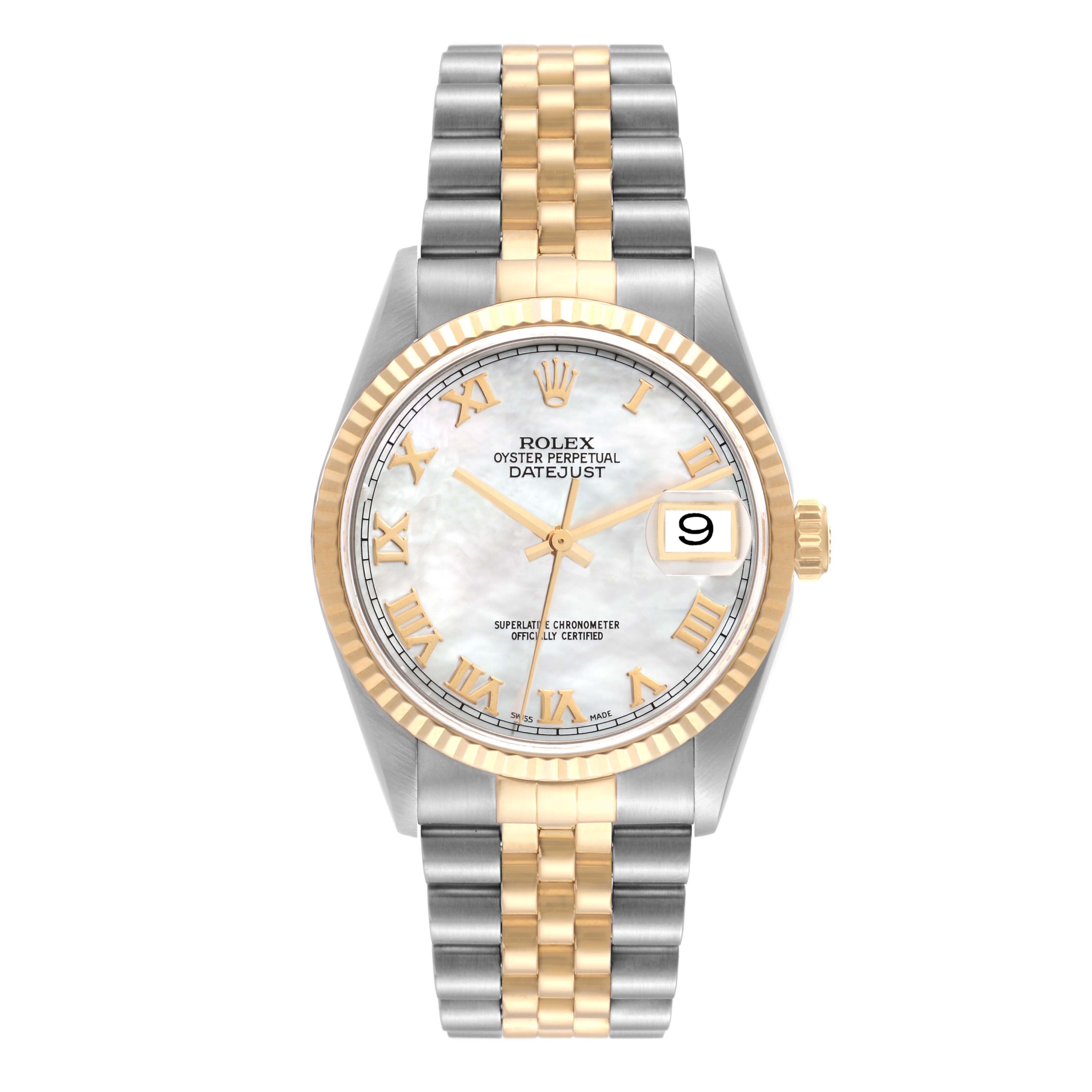 Rolex Datejust Steel Yellow Gold Mother Of Pearl Dial Mens Watch 16233. Officially certified chronometer automatic self-winding movement. Stainless steel case 36 mm in diameter.  Rolex logo on an 18K yellow gold crown. 18k yellow gold fluted bezel.