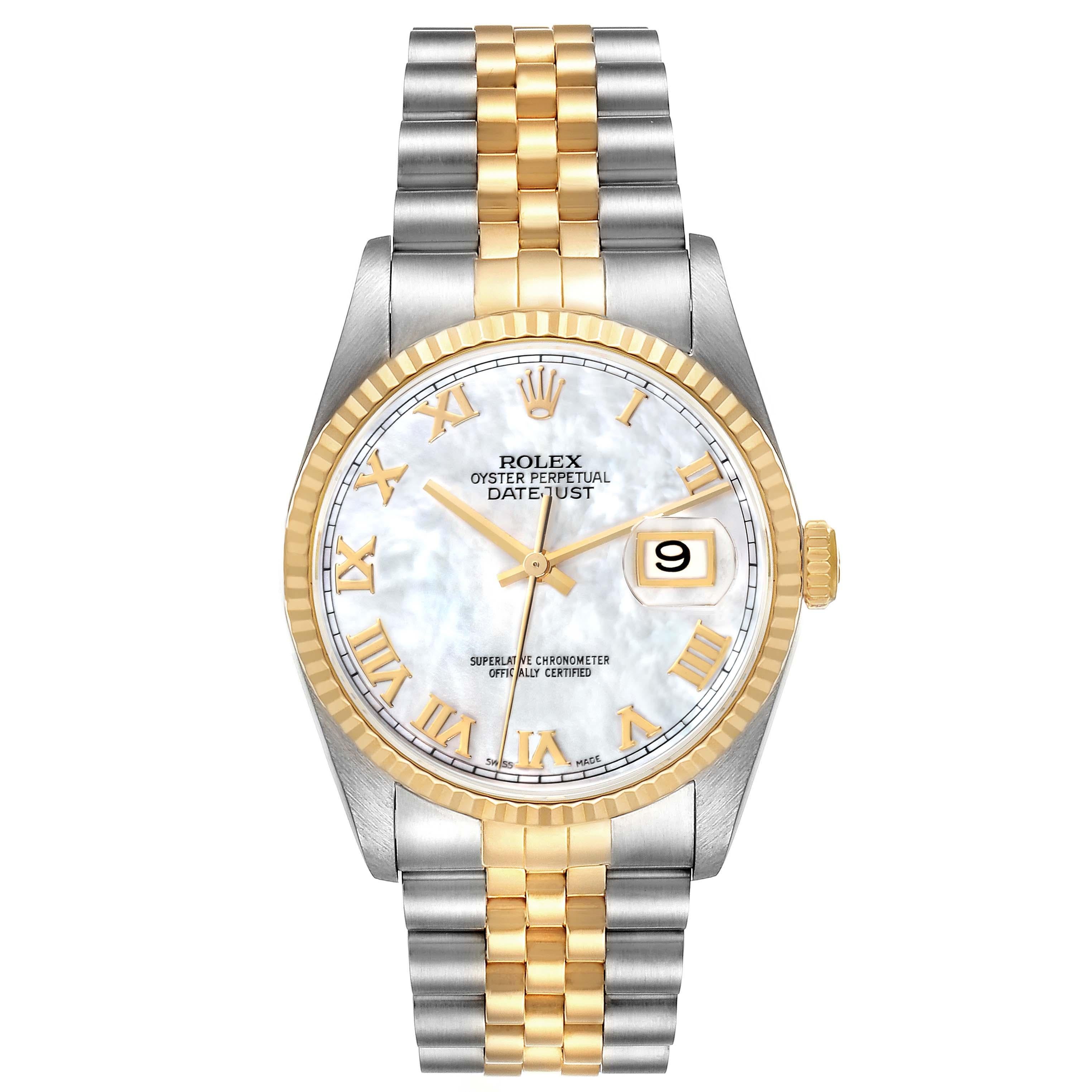 Rolex Datejust Steel Yellow Gold Mother of Pearl Dial Mens Watch 16233. Officially certified chronometer automatic self-winding movement. Stainless steel case 36 mm in diameter.  Rolex logo on an 18K yellow gold crown. 18k yellow gold fluted bezel.