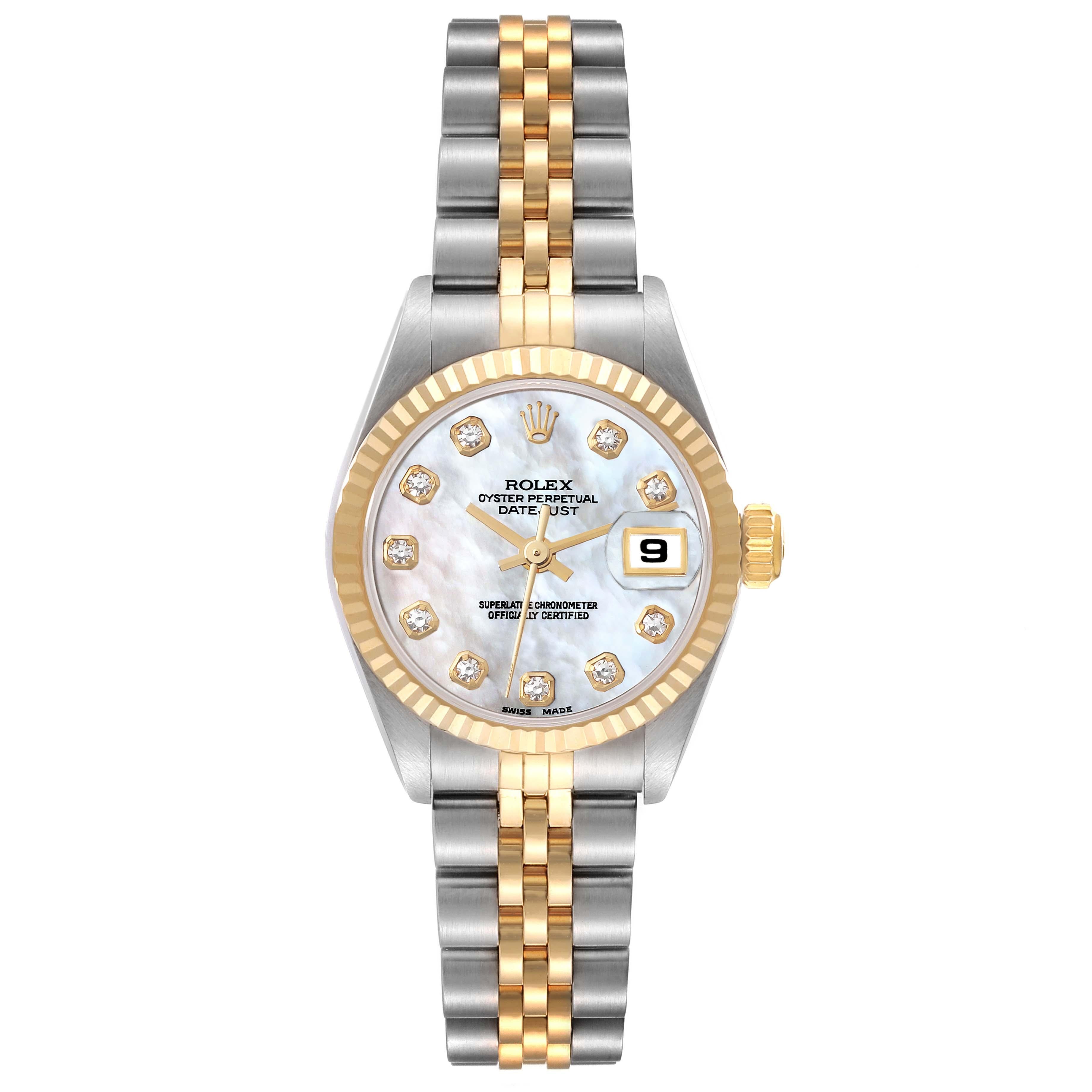 Rolex Datejust Steel Yellow Gold Mother Of Pearl Diamond Dial Ladies Watch 69173. Officially certified chronometer automatic self-winding movement. Stainless steel oyster case 26.0 mm in diameter. Rolex logo on the crown. 18k yellow gold fluted