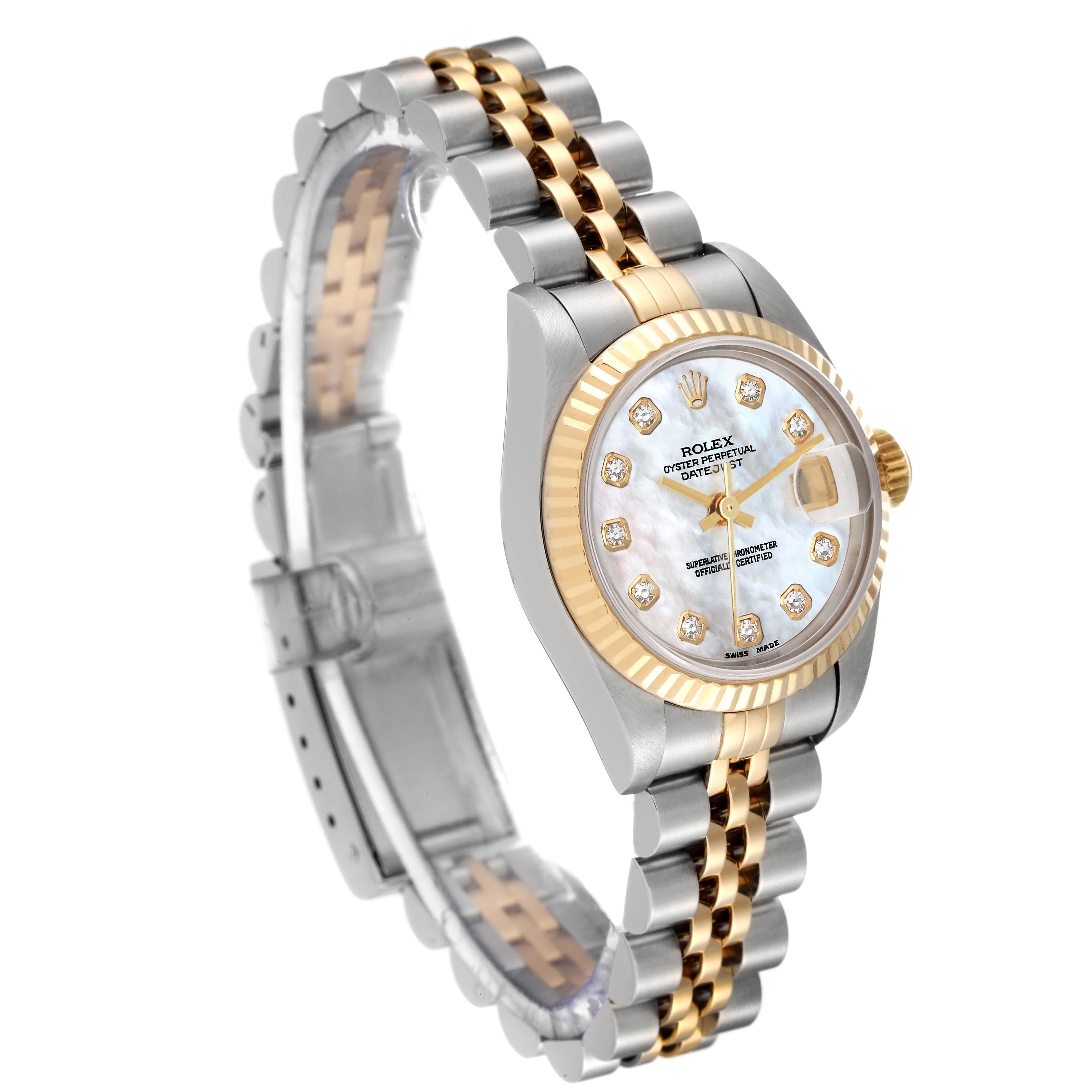 Rolex Datejust Steel Yellow Gold Mother Of Pearl Diamond Dial Ladies Watch 69173 In Good Condition In Atlanta, GA