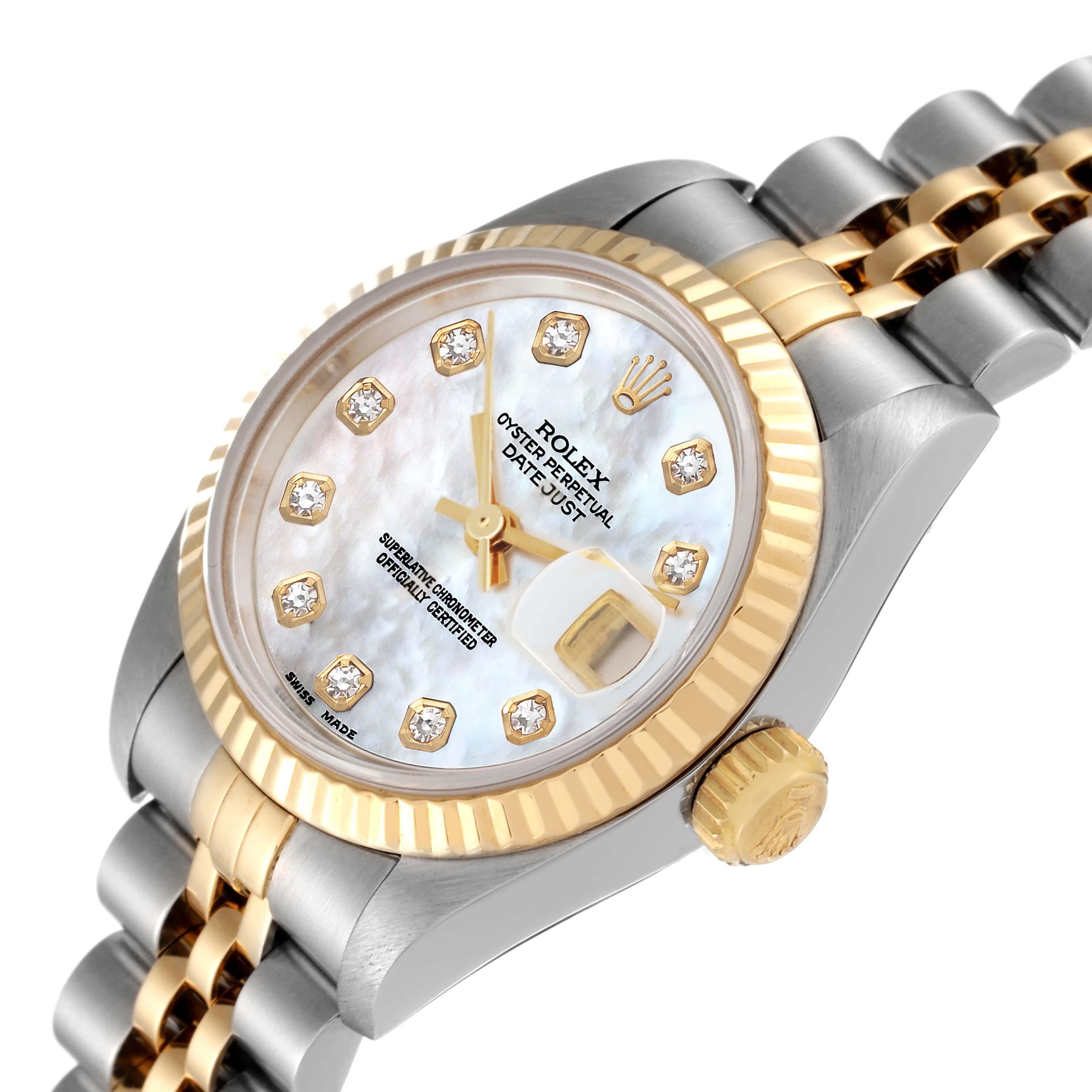 Rolex Datejust Steel Yellow Gold Mother Of Pearl Diamond Dial Ladies Watch 69173 1